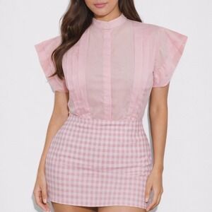 70s Vintage Pleated Secretary Blouse Womens 4 Pastel Pink Banded Collar Boxy Fit